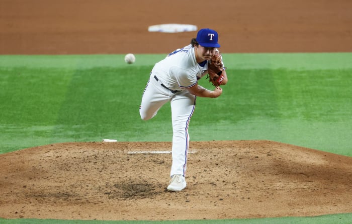 Jun 13, 2023; Arlington, Texas, USA; Texas Rangers relief pitcher Owen White (43) throws during the fifth inning against the Los Angeles Angels at Globe Life Field. Mandatory Credit: Kevin Jairaj-USA TODAY Sports